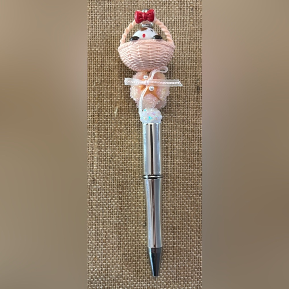 Puppy Dog In Easter Basket Beaded Pen Silver And Peach